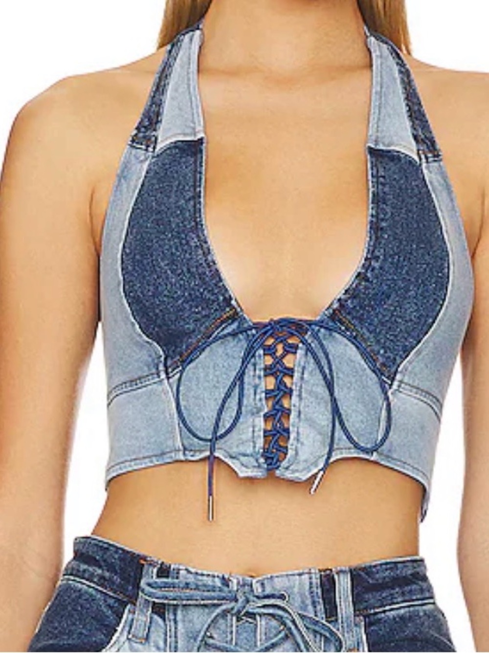 AFRM Light Blue Denim Halter Crop Top